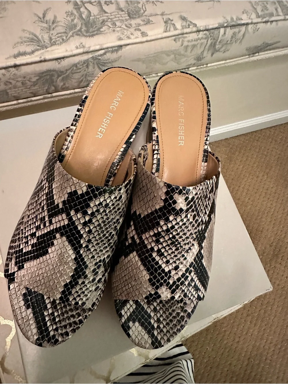 Marc Fisher Snake-Print Cork Platform Mules - Black & Cream
